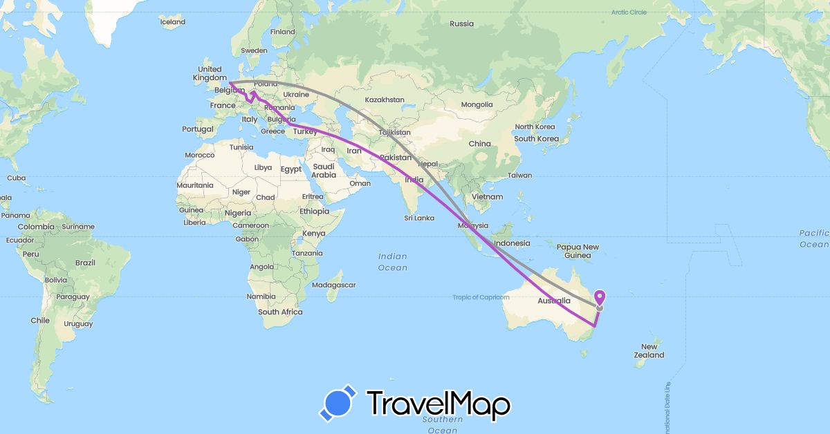 TravelMap itinerary: driving, plane, train in Austria, Australia, Czech Republic, Germany, Hungary, Netherlands, Singapore, Turkey (Asia, Europe, Oceania)